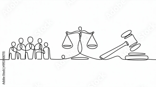 Justice and law concept with people scales and gavel in a simple line drawing style on a white background