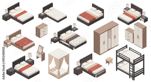 Collection of Isometric Bedroom Furniture and Beds.
