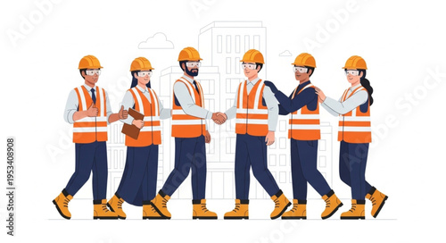 Construction workers collaborating and shaking hands on site.