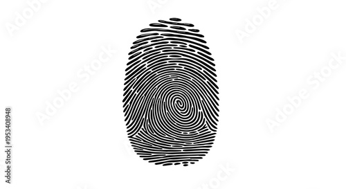 Close-up of a black fingerprint on a white background, showcasing abstract biometric pattern and detail.