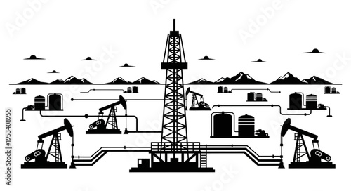 Oil drilling rig and pump jacks in an industrial landscape.