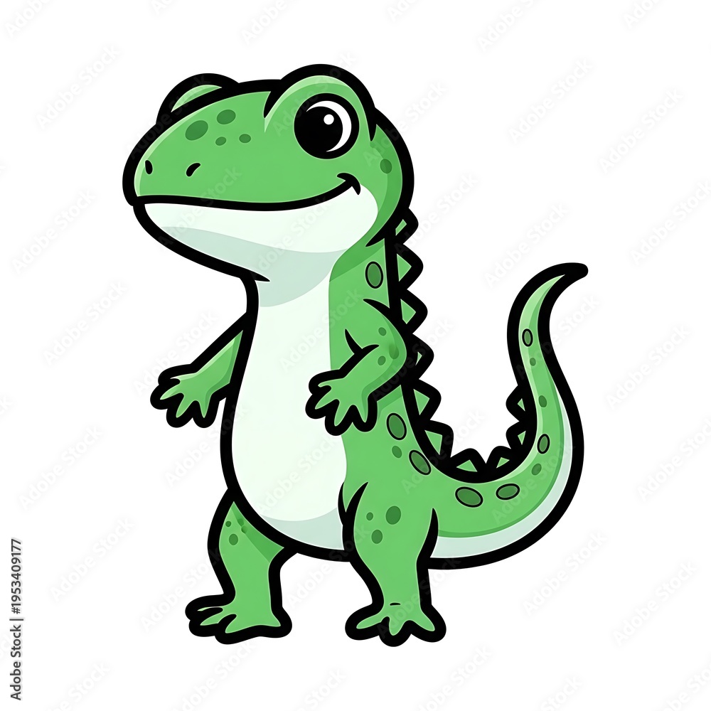 Fototapeta premium Cartoon green lizard standing upright.