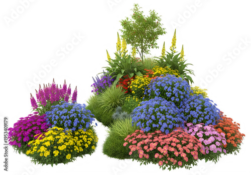 Vibrant garden flower bed featuring a diverse collection of colorful blooming plants and shrubs