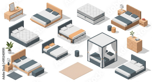Collection of isometric beds and bedroom furniture.