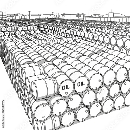 Oil Drums Storage - A Black and White Illustration of Industrial Barrels.