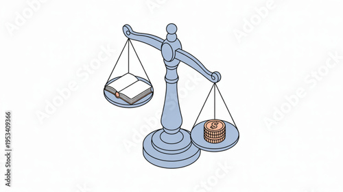 Balance scale with money and documents on each side weighing finance and paperwork