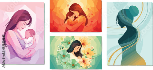 Tender moments of maternal love captured in a series of heartwarming illustrations celebrating motherhood