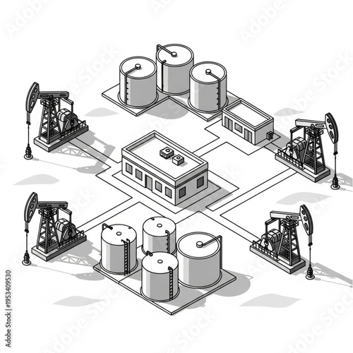 Oil extraction and storage facility illustration isometric view.
