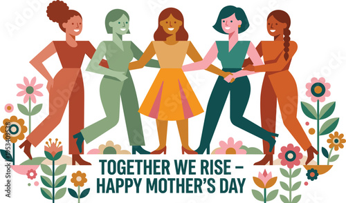 Celebrating Mother's Day A Diverse Group of Women Holding Hands Amidst Floral Decorations