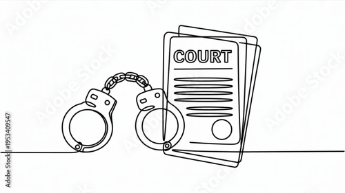 Handcuffs and court documents on a table symbolizing justice and law enforcement