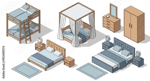 Collection of isometric bedroom furniture and beds.