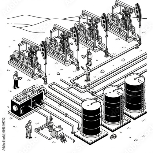 Oil extraction pumps and storage tanks industrial scene isometric illustration.