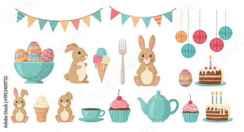 Easter Celebration Elements Collection Cute Bunnies Cakes and Eggs.