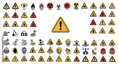 Collection of Warning Hazard Symbols and Signs.