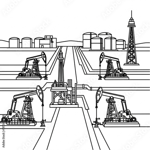 Oil extraction site with multiple pump jacks and storage tanks.