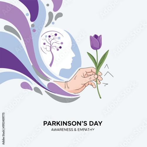 Stylized illustration with hand holding tulip, brain symbol, abstract design