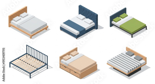 Collection of Six Different Beds in Isometric View.
