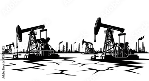 Oil pump jacks and industrial landscape with cracked earth.