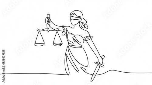 Justitia goddess of justice holding scales and sword in one line art drawing with blindfold