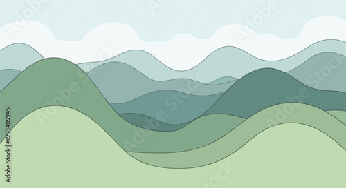 Stylized landscape of rolling green hills under a soft, cloudy sky