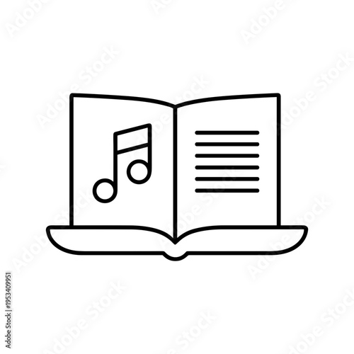 Open book with music notes and lyrics in minimalist line art style  