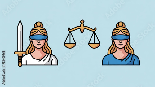Justice concept with blindfolded women holding sword and scales on light blue background