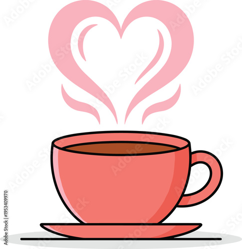 Charming graphic depicting a pink cup with a hot drink, steam gracefully rising to form a heart, symbolizing love, warmth, and comforting moments of affection and care