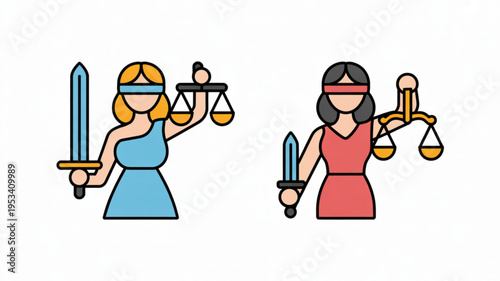 Two female justice figures holding scales and swords symbolizing fairness and law blindfolded cartoon style