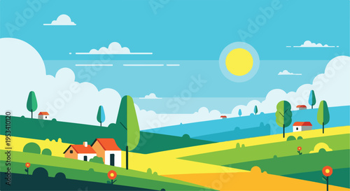 Stylized landscape with rolling hills, trees, houses, and the sun