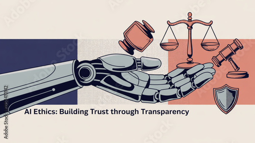 Robotic hand holds justice symbols ai ethics trust transparency