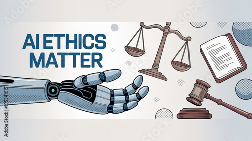 Robot hand with ai ethics symbols including scales gavel and book on legal background