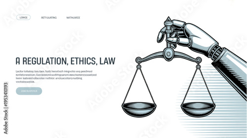 Robot hand holding scales of justice with regulation ethics and law concept on white background with blue gradient