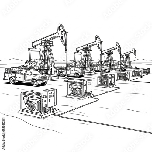 Oil pump jacks in a row illustration.