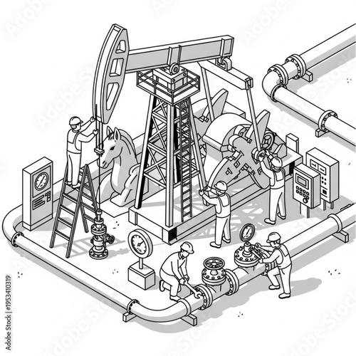Oil pumpjack and workers in industrial setting illustration.