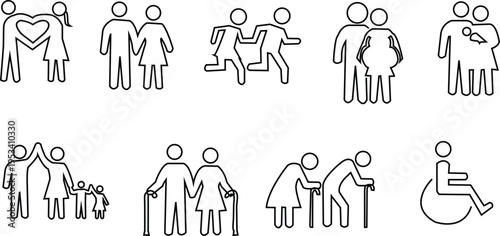 Diverse relationships, people icons, line art, 12 human figures, social connections, accessibility