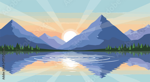 Stylized scenic landscape featuring mountain, lake, sunrise, and reflection