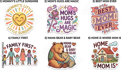 Collection of heartwarming family and love-themed stickers with illustrations of parents, children, and bears