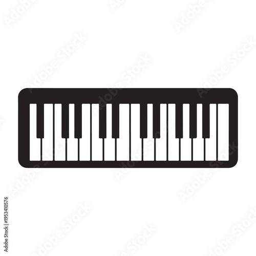 Simple keyboard piano icon in black and white keys, modern musical instrument illustration.