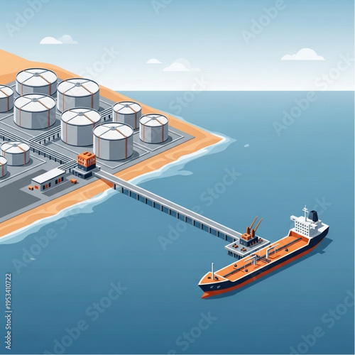 Oil tanker docked at industrial storage facility by the sea.