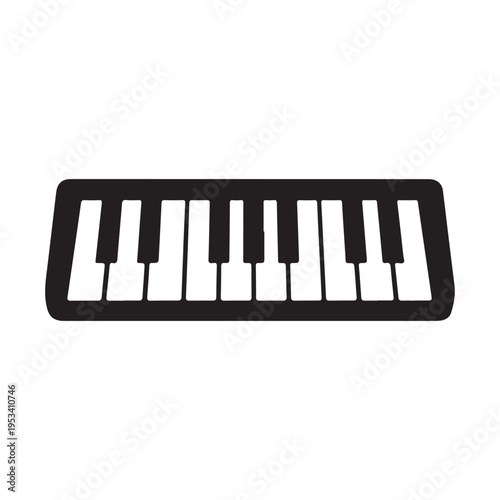 Simple keyboard piano icon in black and white keys, modern musical instrument illustration.