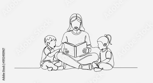 Mother reading book to children family bonding kids education learning literacy togetherness love care parenting illustration