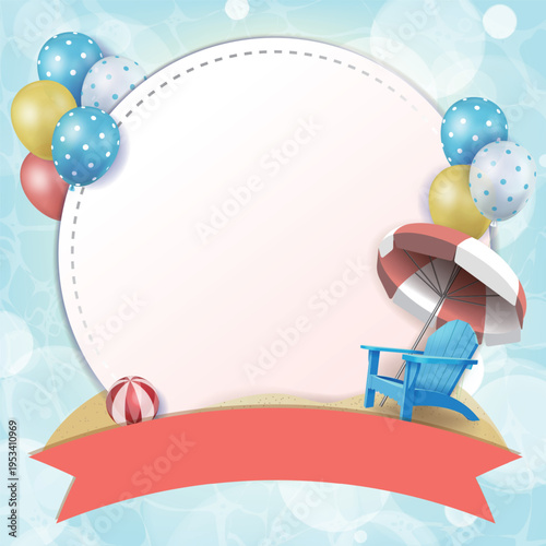 Summer beach round frame with umbrella and chair scene, fresh blue background for event and invitation template
