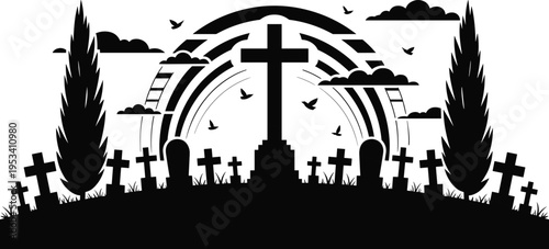 Cemetery silhouette with gravestones and cross, spiritual remembrance vector illustration, memorial 