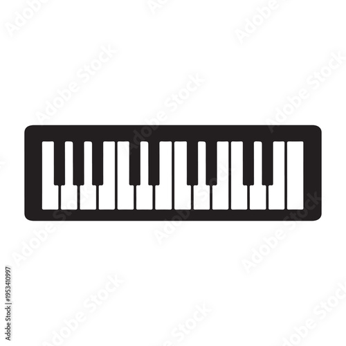Simple keyboard piano icon in black and white keys, modern musical instrument illustration.