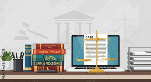 Lawyer's desk with computer books and scales on a wooden table in a modern office setting with a courthouse background