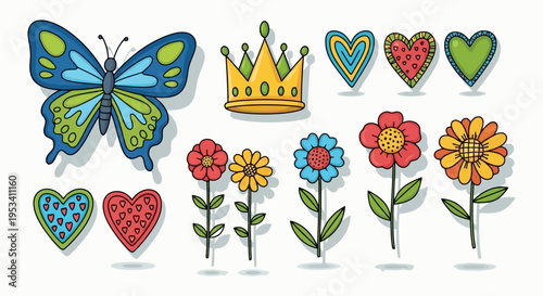 Collection of Hand-Drawn Decorative Elements Butterfly Crown Flowers Hearts.