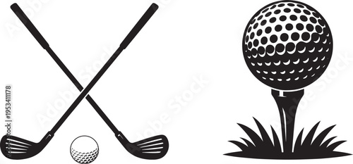 Golf Club And Ball With Tee Minimal Vector Icon Set