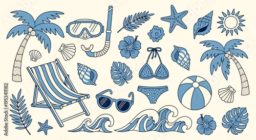 Summer Beach Vacation Elements Collection Hand Drawn Style.