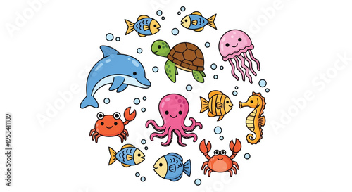 Cute Cartoon Underwater Sea Creatures Collection.