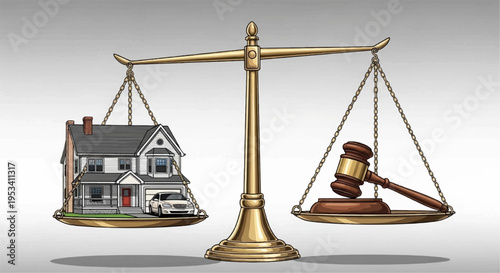 Law and property balance scale with house and gavel on plates symbolizing justice and real estate